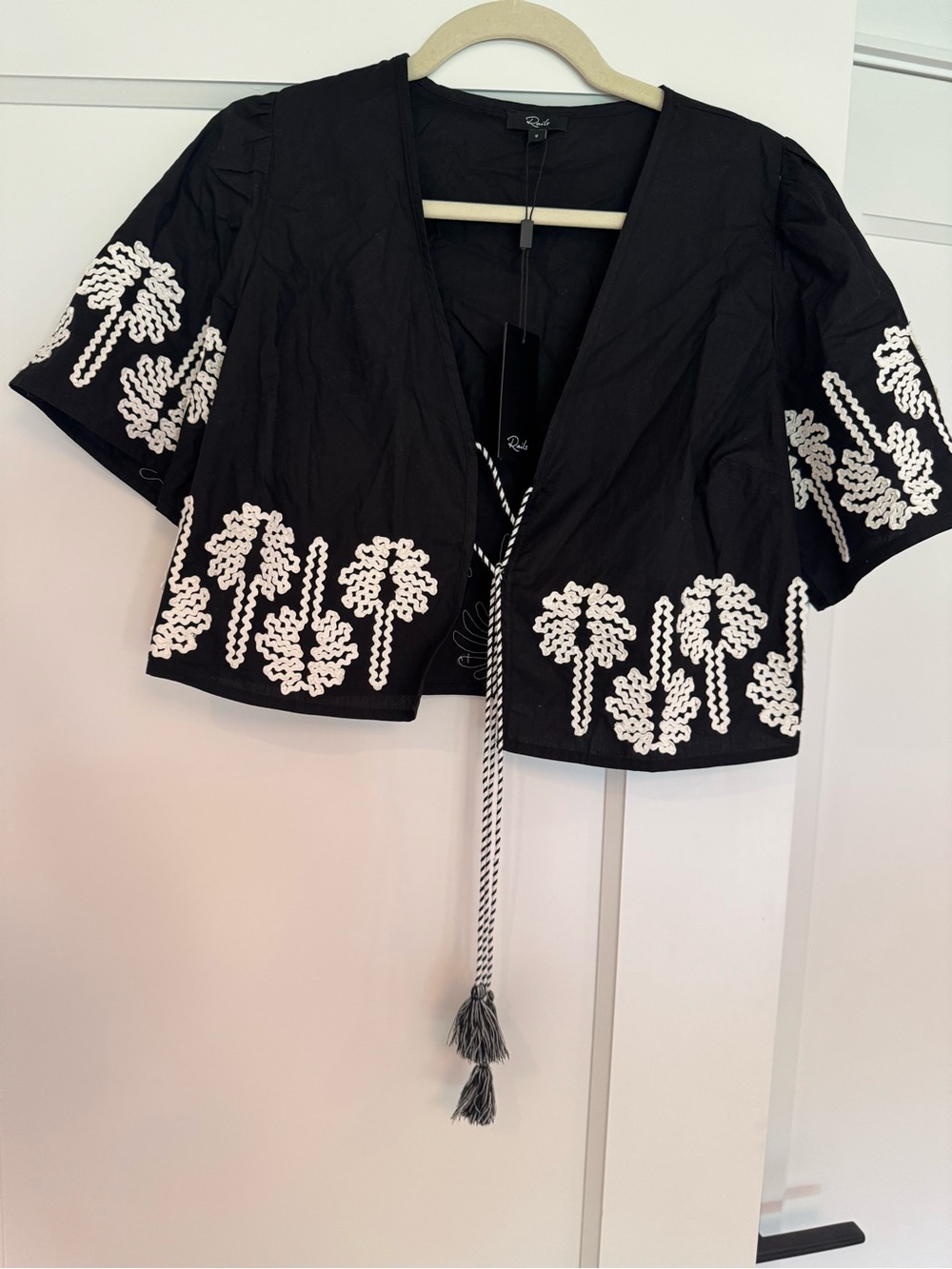 Rails Blacl Embroidered Crop Top with Tassel Tie